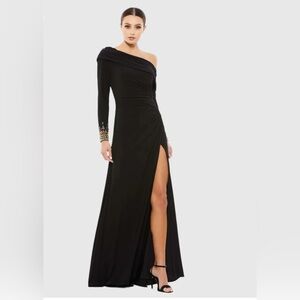 Mac Duggal Black One-Shoulder Beaded Cuff Evening Gown